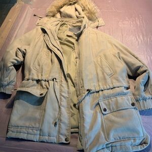 Bromley Beige Hooded Parka with Faux Fur Trim